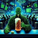 DALL·E 2023-11-17 17.02.43 - An imaginative and surreal illustration depicting the concept of the Matrix drinking a beer. The scene is set in a cyberpunk-style pub, with digital.png